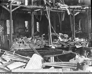 View of charred interior, Pacific Manufacturing Co fire