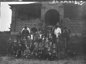 Group of boys in front of Stewart House at Curl Curl [o...