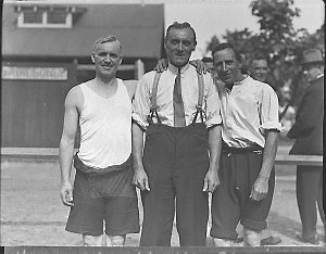 Three men, Australian Paper Mills picnic at Clifton Gar...