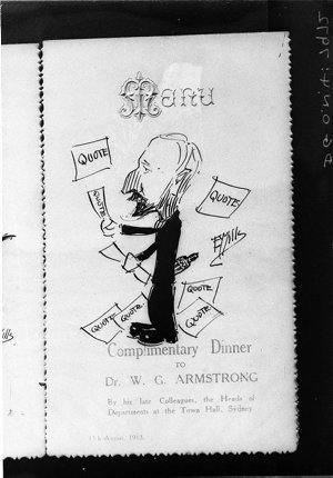 E.Y. Mills' caricature on menu card for complimentary d...
