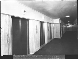 Entrance hall, showing the three lifts, MLC Building (f...