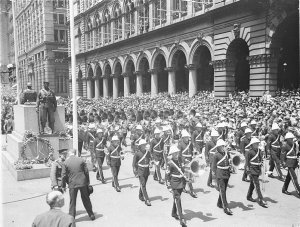 Police band marches past the Cenotaph, Remembrance Day