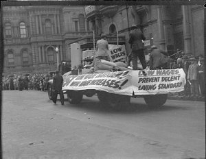 Lorries in 6-Hour Day procession (taken for Federated I...