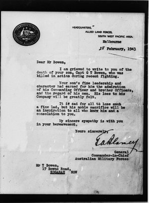 Copy of letter-of-condolence from General Blamey to Mr ...