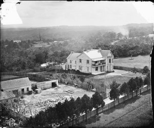 Panorama from Holtermann house showing two-storey sandstone house Upton Grange, North Sydney