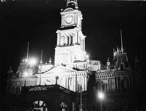 The Sydney Town Hall illuminated for the Electrical & R...