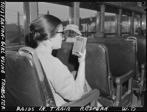 Illustration - girl using transistor radio in train, Re...