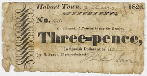 Item 554: Currency note, threepence, issued by Thomas S...