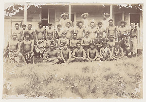 Item 03: Indigenous Cook Islanders and overseers, Malden Island, ca. 1900 / photographer unknown