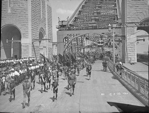 Scouts with flags in procession, Sydney Harbour Bridge ...