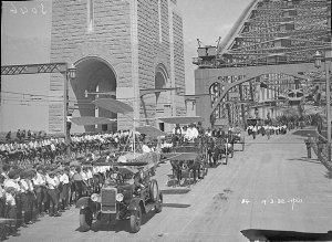 World's first auto-gyro plane (helicopter) and carriages in procession, Sydney Harbour Bridge Celebrations, 1932