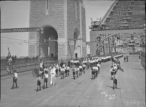School boys with band and flags, Sydney Harbour Bridge ...