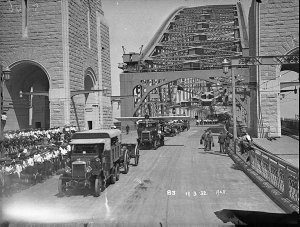 Army trucks and gun carriage, Sydney Harbour Bridge Cel...
