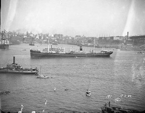 Cargo ship and Sydney Cove from Bridge, Sydney Harbour ...