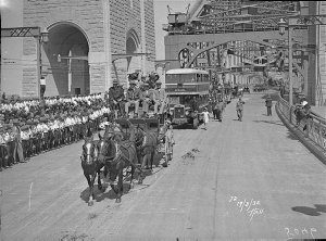 Stage coach & double-decker bus in procession, Sydney H...