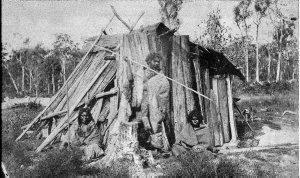 Aboriginal family outside "Mia Mia" - Coranderrk, VIC