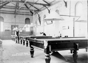 Billiard room with men playing billiards - Scone, NSW