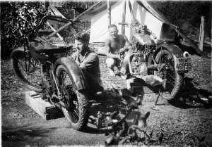 Forestry workers and their motorcycles (Indian and BSA)...