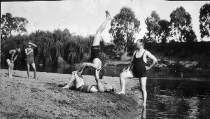 "Morning swim" men in acrobatic pose - Forbes, NSW