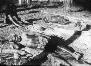 Aboriginal men sleeping on skins - Port Macquarie area, NSW