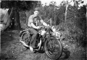 Man on BSA motorcycle, forestry worker, NSW