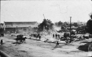 Aftermath of fire in Hoskins Street, which destroyed O'Briens Family Hotel and George Arnold's Blacksmith Shop. The Star Theatre was saved - Temora, NSW