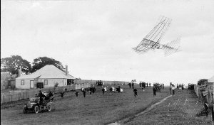 Dr De Luca's aeroplane being towed by car to test its a...