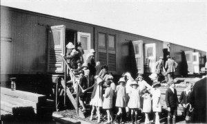 The "White Train" School children queuing to see displa...