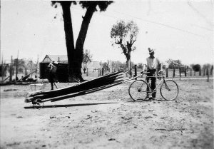 Mammoth bicycle towing homemade rowing boat of galvanis...