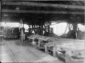 Interior of mill showing twin Canadian breaking down sa...