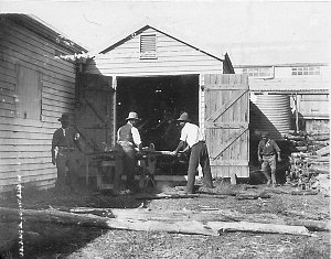 Sawing wood at Welltown Woolshed for steam engine in ba...