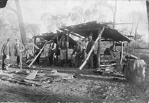Blacksmith's shed at Mallee Bull Claim. Bark roofing be...