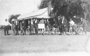 Shearers going to the "Meadows" station on bicycles - C...
