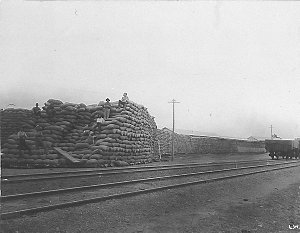 Wheat stacks in a railway yard. Lumpers seated.