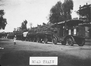 Road train with load of wool for Echuca (Vic). It trave...