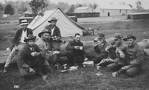 World War I recruits having a meal break at camp - Cess...