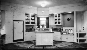 Interior, model kitchen, with "Paraflor" rubber carpet ...