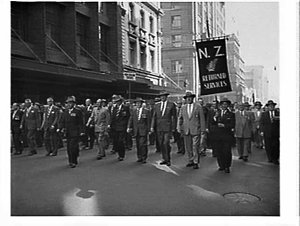 New Zealand ex-servicemen march in the Anzac Day March,...