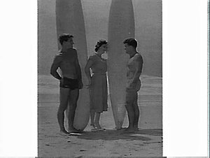 Miss Wagga Wagga 1960, Nola Jackson, and surfboard ride...