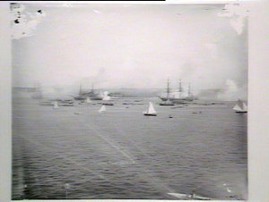 Sham Naval fight, Sydney Harbour - yacht in foreground