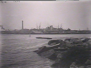 Naval dockyard, Cockatoo Is.: view of island from shore