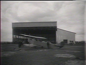 The hangar, machine in foreground, Richmond State Aerod...