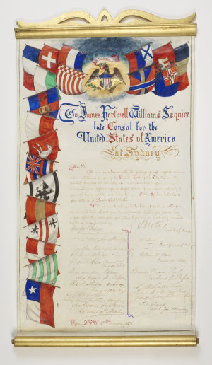 Illuminated address and pen/pencil presented to James H...