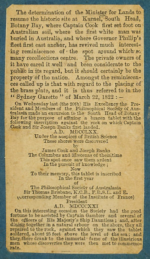 [Captain Cook's landing site, Kurnell : raising of memorial brass plaque : newspaper cutting].