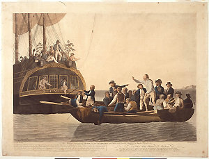 The Mutineers turning Lieut. Bligh and part of the officers and crew adrift from his Majesty's Ship the Bounty / painted and engraved by Robert Dodd