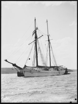 "Huia" two masted ship in Harbour, 20 April 1937 / phot...