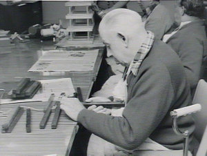 Handicapped men at carpentry class in Redfern workshop