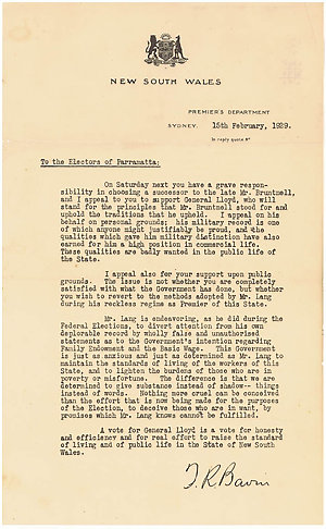 Sir Thomas Bavin - circular, 15 February 1929, to the e...