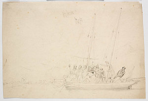 [Pinnace and boat firing on native canoes / attributed ...