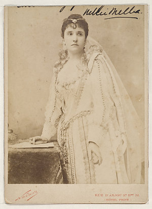 Nellie Melba, in costume for "Lucia di Lammermoor", pos...